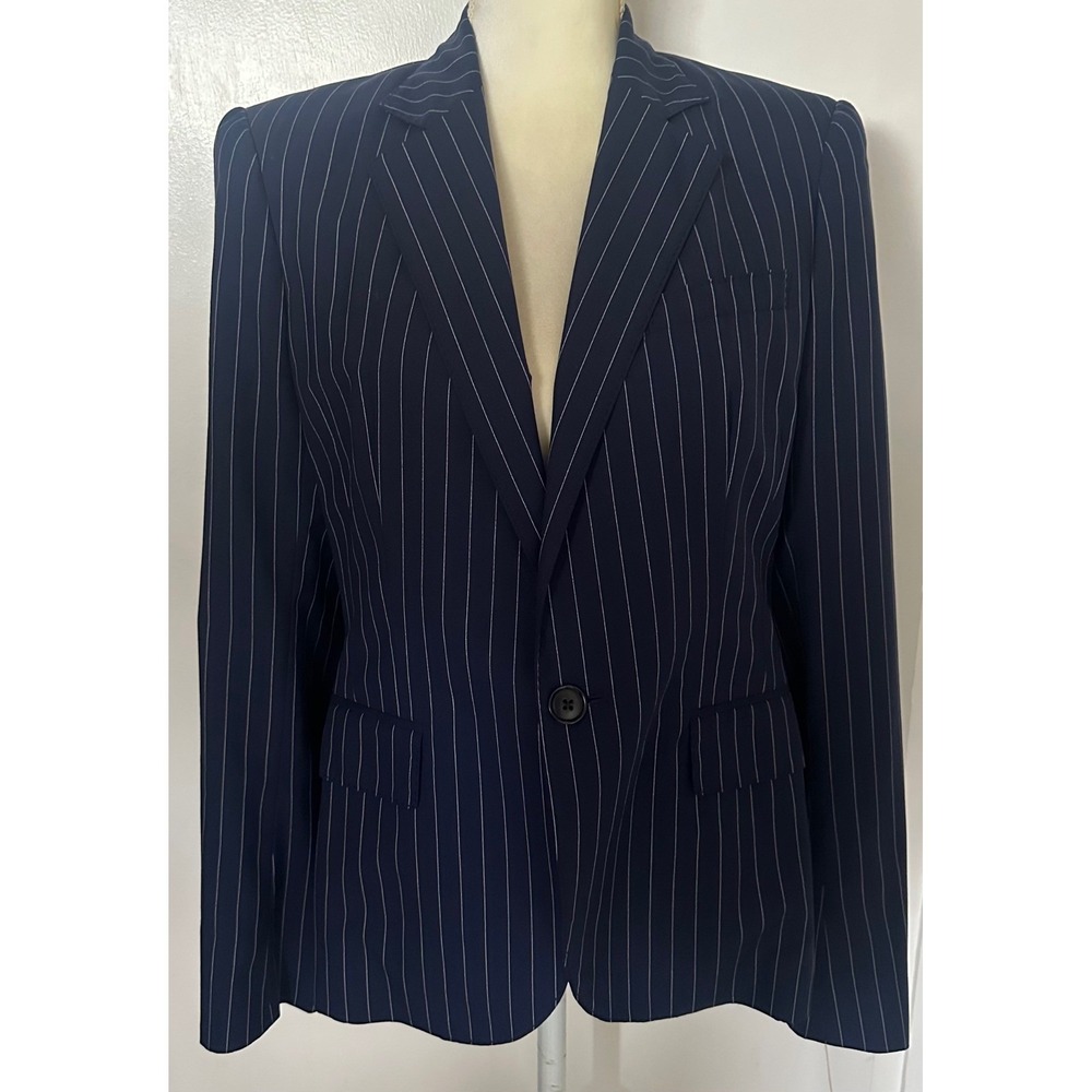 Ralph Lauren‎ Black Label Womenswear Blazer Navy Pinstripe 100% Wool Silk Size 8